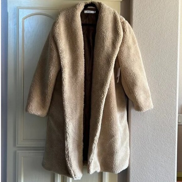 NWT JustFab 3X Drape Front Teddy Coat Sherpa Beige Camel Tan - Picture 9 of 9
